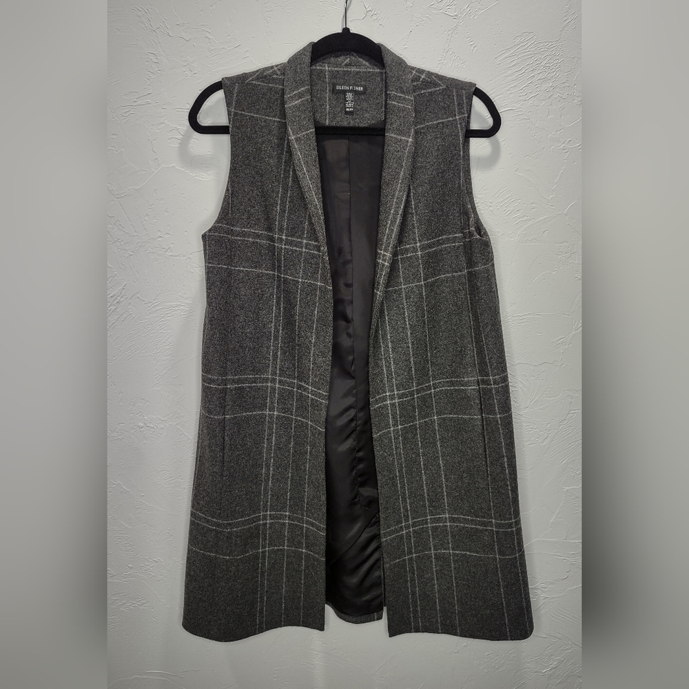 Eileen Fisher Grey & White Windowpane Plaid Wool Blend Long Vest - XSmall